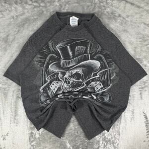 Vintage Y2K Dark Grey Gambling Skeleton Dice Affliction Style Graphic T-shirt M